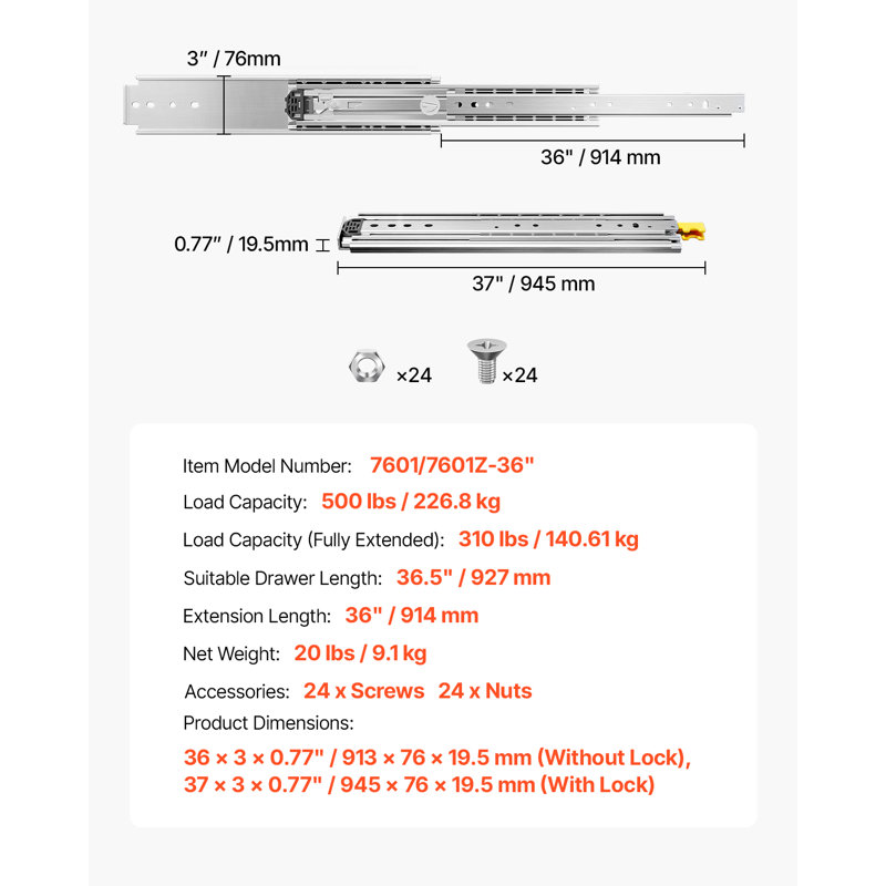 Drawer Slides, 1 Pair 36inch Locking Drawer Slides, 500lbs Load Capacity, Side Mount Ball Bearing Drawer Glides, Long Full Extension Drawer Slide