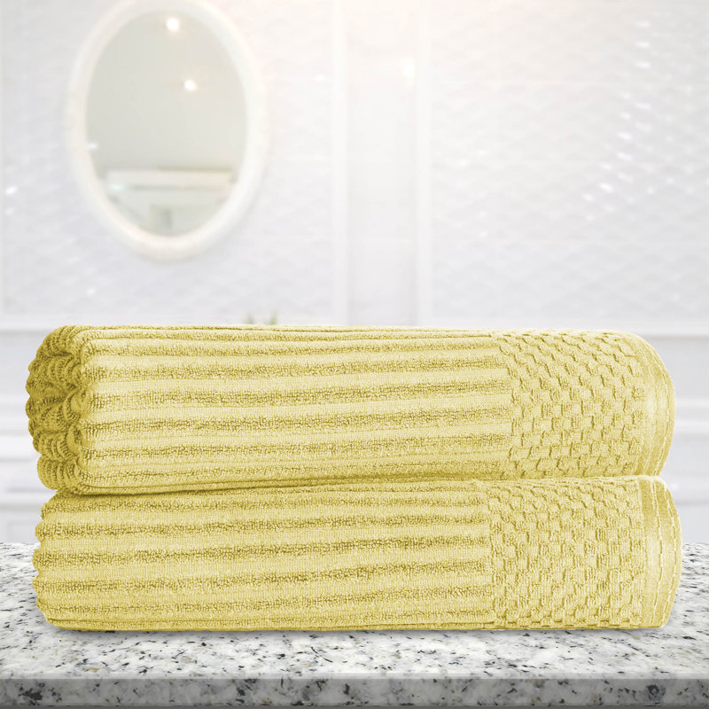 Ruvins Cotton Highly Absorbent Solid and Checkered Border Bath Sheet Set, Yellow Gold