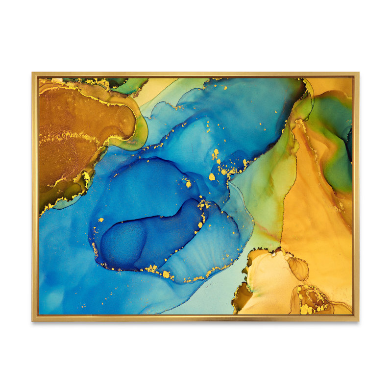 «Blue and Gold Luxury Abstract Fluid Art I», reproduction sur toile, H 34 po x l 44 po, Cadre flottant doré