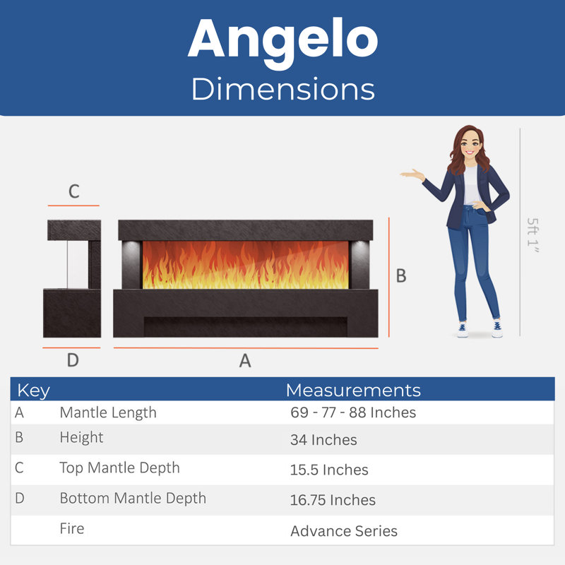 Evolution Fires Angelo 69 inch Electric Suite, includes Advance 1300 3-Sided Electric Fireplace