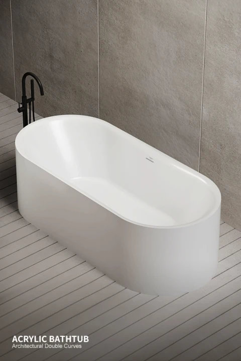 White freestanding oval acrylic bathtub with architectural double curves and a modern black faucet on a slatted floor.