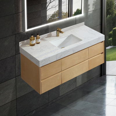 Solid wood 48'' Modern Wall Mounted Single Bathroom Vanity with Engineered Stone Top and Light