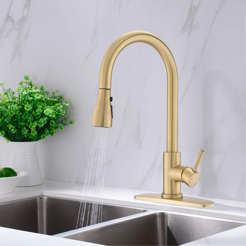 Kitchen Pull Down Faucet In Brushed Gold, Stainless Steel, 1.8Gpm Max Flow Rate, To Fingerprints Gold Faucet, Scratches & Water Spots, 360 Swivel