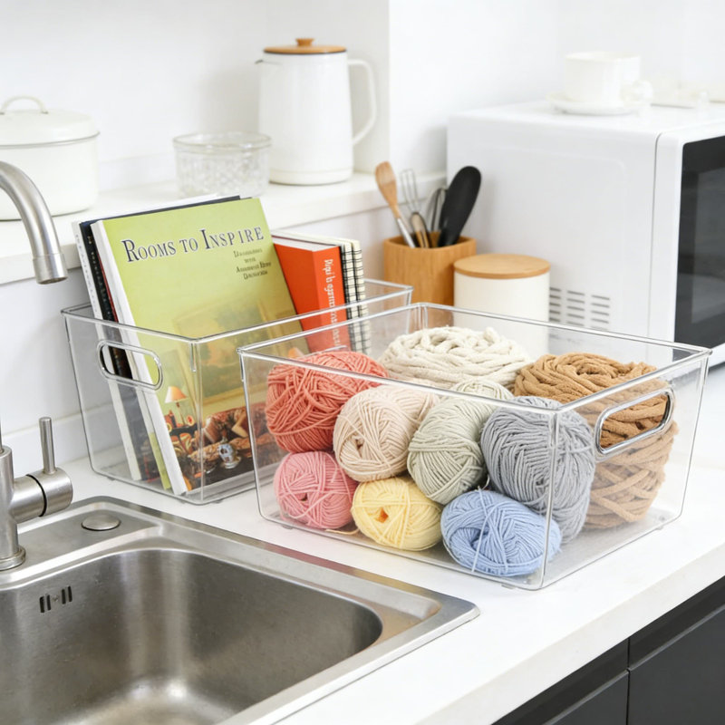 Bacs de rangement en plastique transparent avec poignées intégrées, grand paquet de 4 boîtes de rangement pour l'organisation de garde-manger