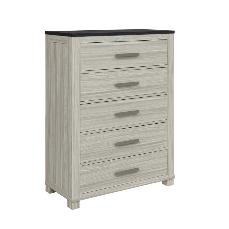 Commode Augusta avec tiroirs spacieux, plateau brun foncé et poignées élégantes en argent pour des solutions de rangement élégantes