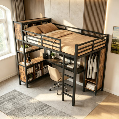 Queen Size Loft Bed With L-shaped Desk,metal Loft Bed With Wardrobe And Storage Shelves,heavy Loft Beds Frame For Kids,teens And Adults,ideal For Small Bedrooms,dorms And Apartments,noise-free Design,saving Space,wood.