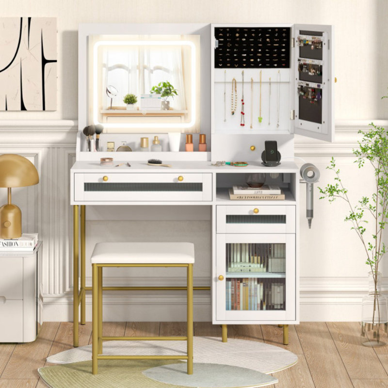 Ensemble coiffeuse moderne avec miroir, lumières et tabouret