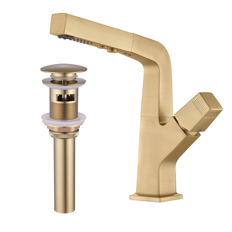 Robinet de lavabo de salle de bain à une main et trou unique avec ensemble de bonde optionnel, Or brossé, Drainage inclus