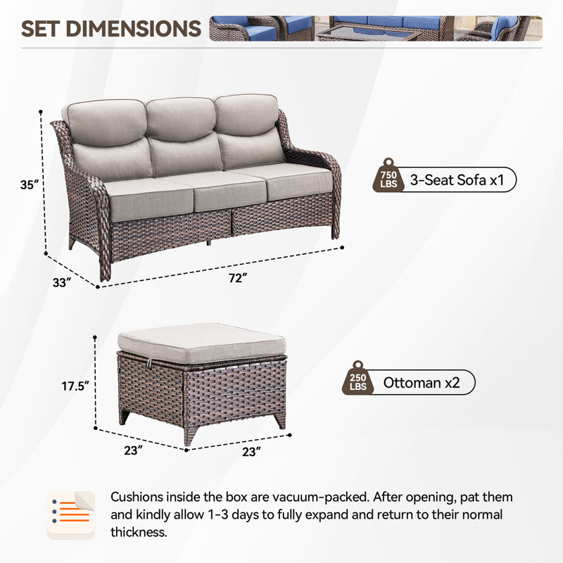 Meriline Wicker 3 - Person Modular Patio Sofa Seating Group With 6" Thick Cushions, Beige, Brown