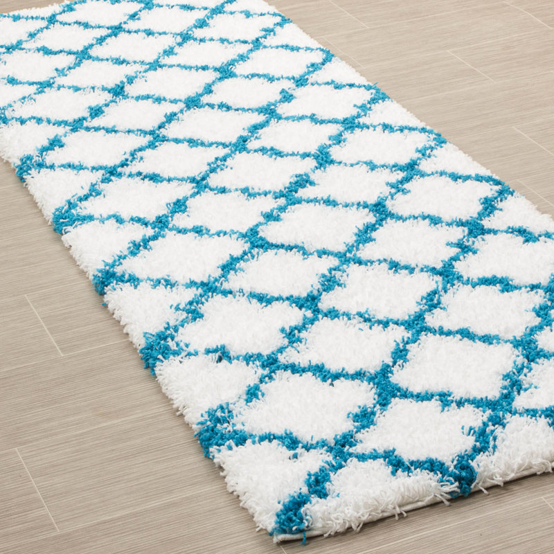 Tapis blanc / turquoise Amridean, Tapis de couloir 2 pi 7 po x 8 pi
