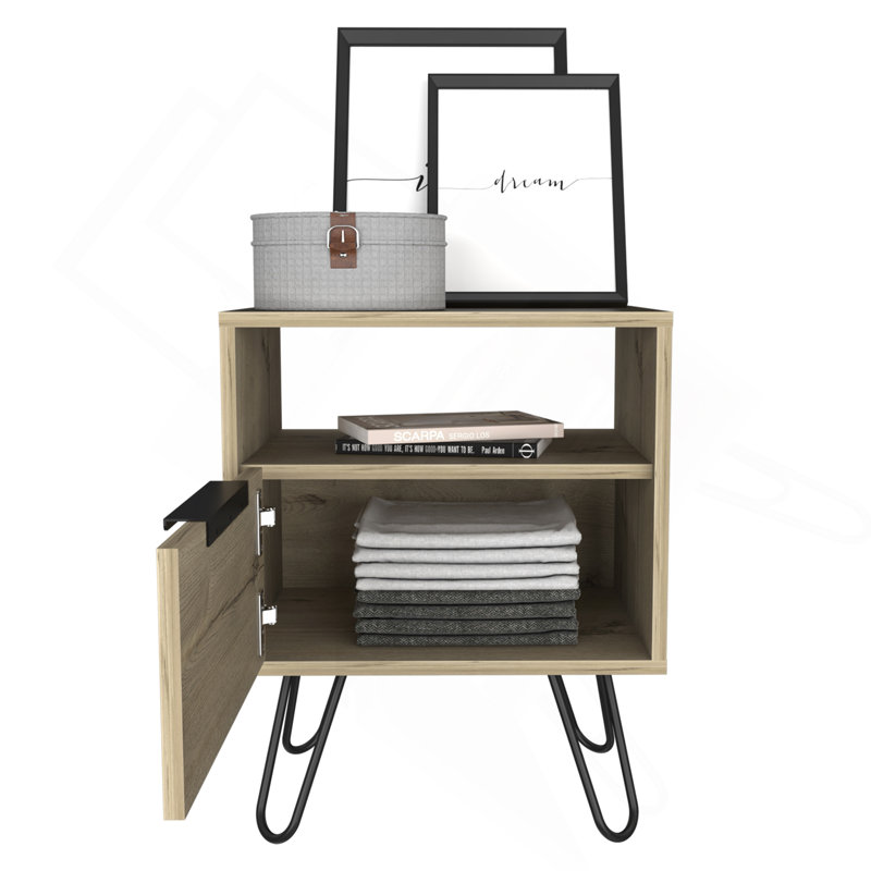Nightstand 22"H, One Open Shelf, Single Door Cabient, Hairpin Legs, Light Oak, Beige