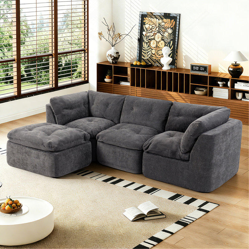 Canapé de salon moderne de style nuage, canapé convertible en forme de L sans cadre (avec repose-pieds), canapé surdimensionné confortable en chenille surdimensionné à 4 places, canapé modulaire modulaire