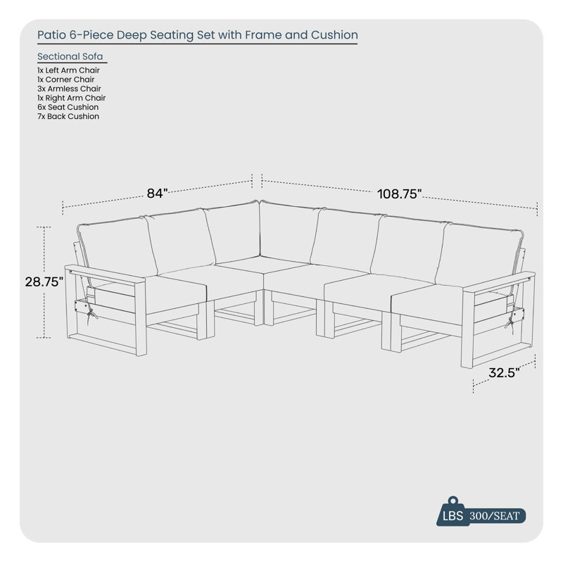 Patio 6-Piece Deep Seating Set With Frame, Gray, Gray