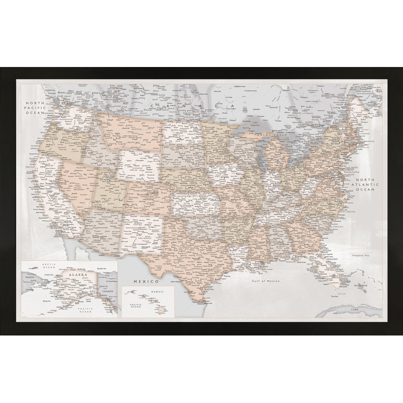 Carte magnétique encadrée dans des tons de terre, H 22 po x l 33 po x P 1 po, Beige / gris