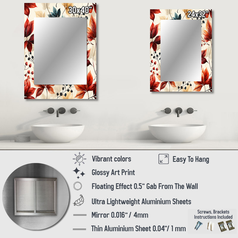 Suman Red And Blue Autumn Flowers Garden - vintage  Large Mirror, Floral Unique Wall Mirror Decor, Printed Metal Art