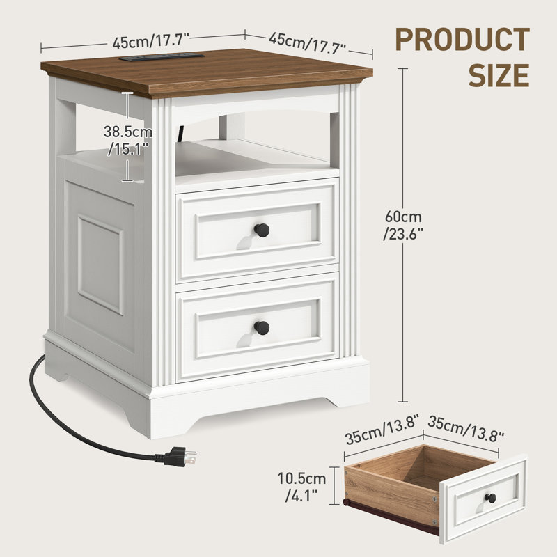 17.7"W Farmhouse End Table with Built-In Outlets and 2 Drawers Nightstand Bedroom, White, Walnut