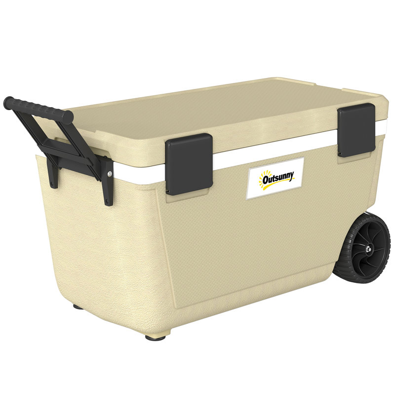 Outsunny 70L Insulated Cool Box with Wheels Portable Ice Cooler Khaki