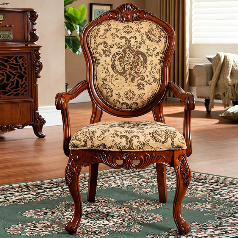 Chaise de salle à manger vintage en bois massif avec accoudoirs, hauteur 111,5 cm (43,9 po), fauteuil d'appoint sculpté et recouvert de tissu pour salon et bureau
