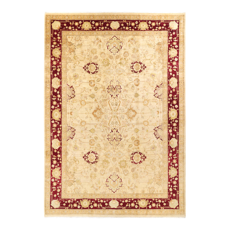 Tapis ivoire en laine noué à la main de conception unique 10 pi 2 po x 14 pi 7 po Ohlone