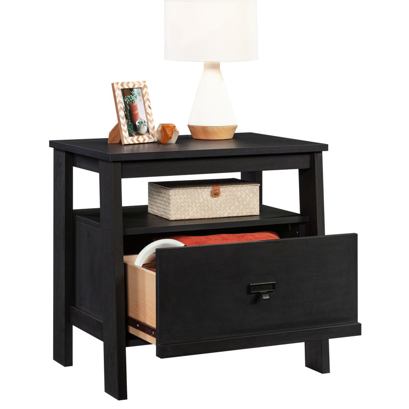 Table de chevet en noir élégant, tiroir et tablette ouverte pour une utilisation organisée au chevet, glissières lisses, fonction de table de rangement, conception compacte à petits espaces à assemblage rapide