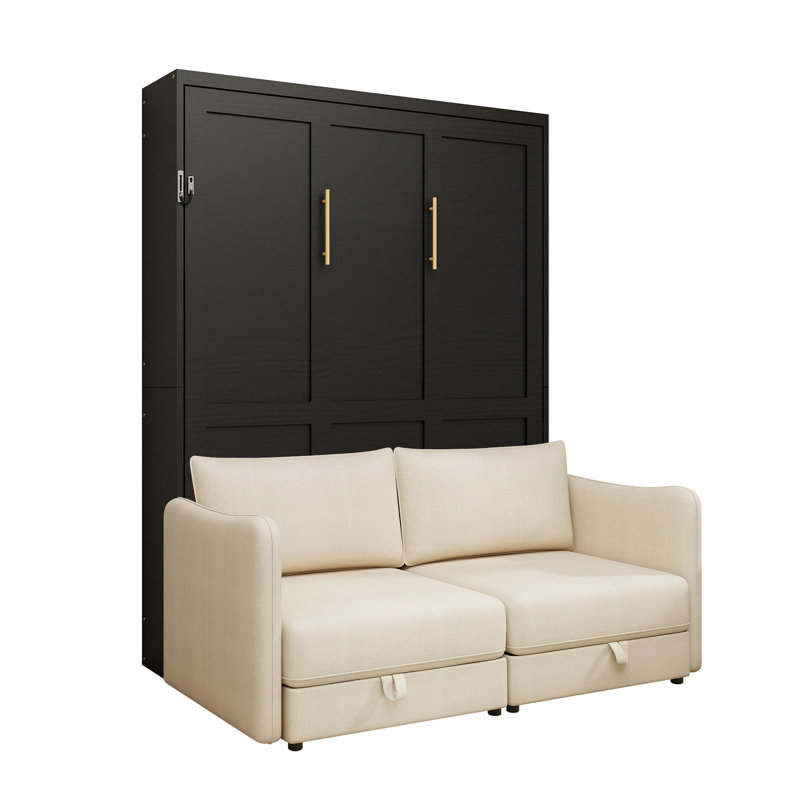 Canapé-lit escamotable facile à assembler, grand lit escamotable mural avec canapé pour le salon, cadre de lit en métal gris, armoire noire, canapé beige