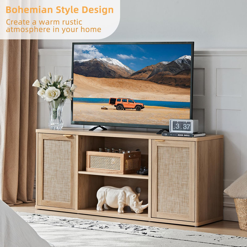 Meuble télé en rotin pour le salon, meuble télé Boho avec rangement et tablette ouverte, centre de divertissement en bois rustique, console multimédia pour téléviseur de 50 à 65 pouces
