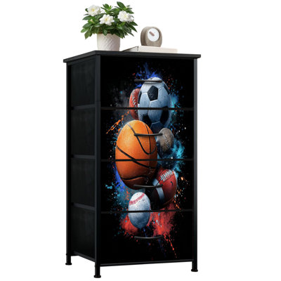 Dresser for Bedroom with 4 Storage Drawers Dynamic Sports Balls Collection Basketball Soccer Football Baseball Dressers Chest of Drawers Steel Framed Fabric Closet Organizers for Dorm Entryway