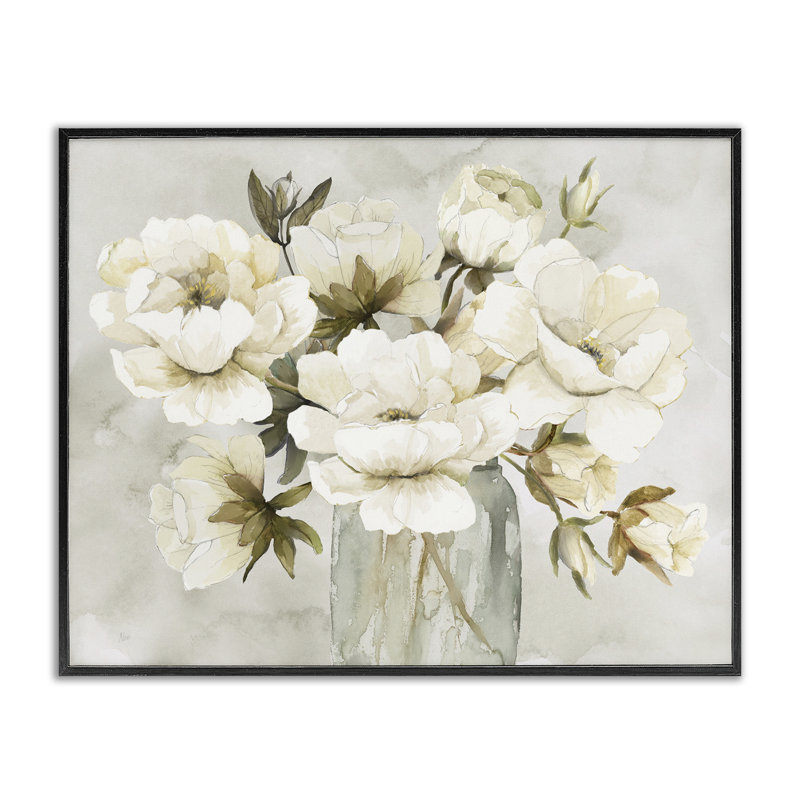 Roses blanches dans un pot de campagne, estampe numérique, design par Nan, H 11 po x l 14 po, Giclée encadrée noir minuit