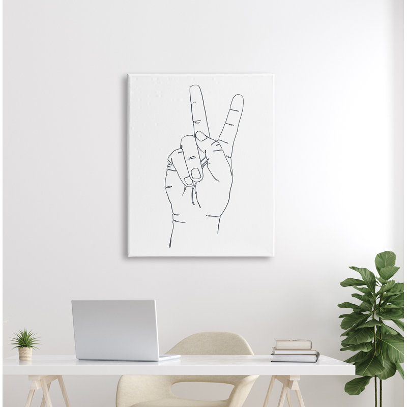 Main avec signe de paix - reproduction de dessin, H 40 po x l 30 po x 1,5 po, Toile tendue