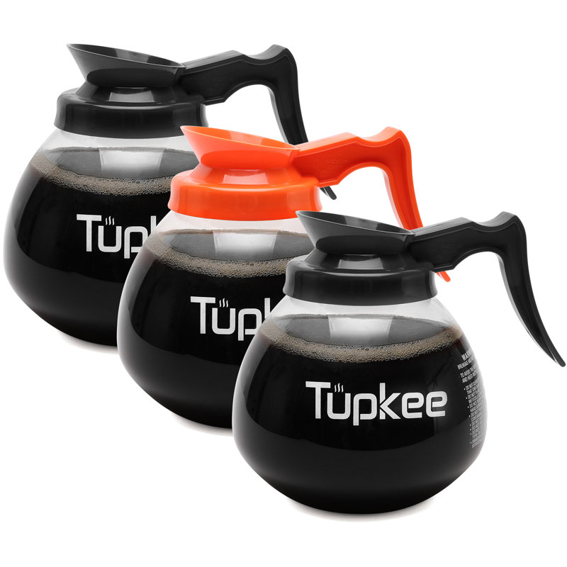 Carafe à café en verre 12 tasses avec 2 poignées noires et 1 poignée décaféinée orange