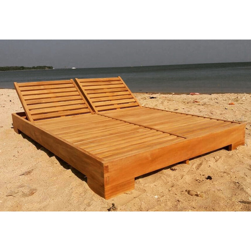 Sequoia Teak Double Chaise Lounge with Sunbrella Cushions , Spectrum Eggshell Sunbrella