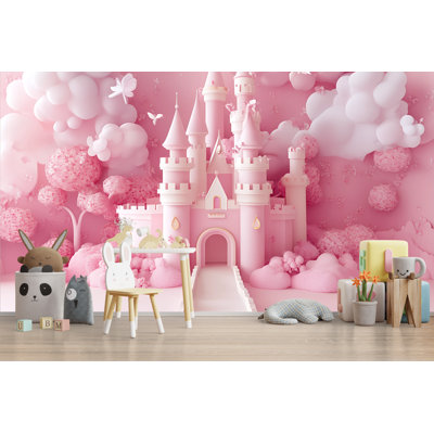 Princess Fairytale Castle Wallpaper – Enchanting Pink Castle Mural With Elegant Princess, Ideal For Kids’ Rooms, Playrooms, Or Nursery, Magical Wall Art