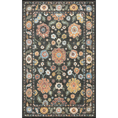 March Traditional Oriental Black Machine Washable Rectangle Area Rug, 5' x 6'11''