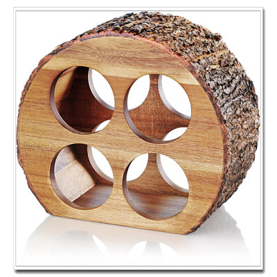 4-Bottle Acacia Wood Wine Rack - Countertop Style With Natural Bark For Home Bar Kitchen