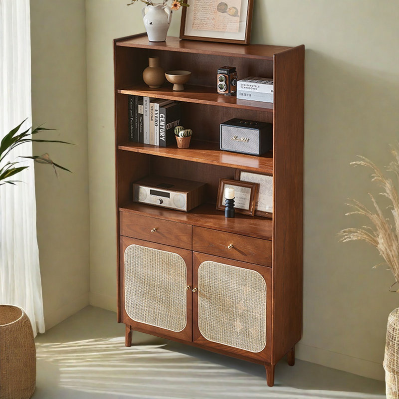 Modern Versatile Rattan Solid Wood Bookcase