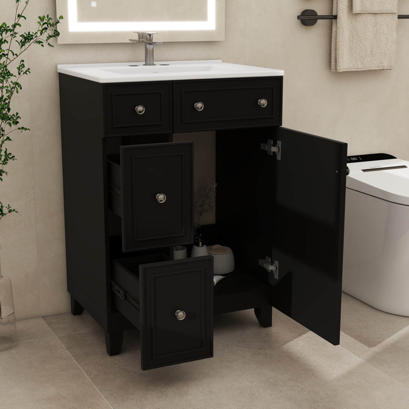 Meuble-lavabo de 24 pouces avec lavabo en céramique, Noir / Nickel brossé