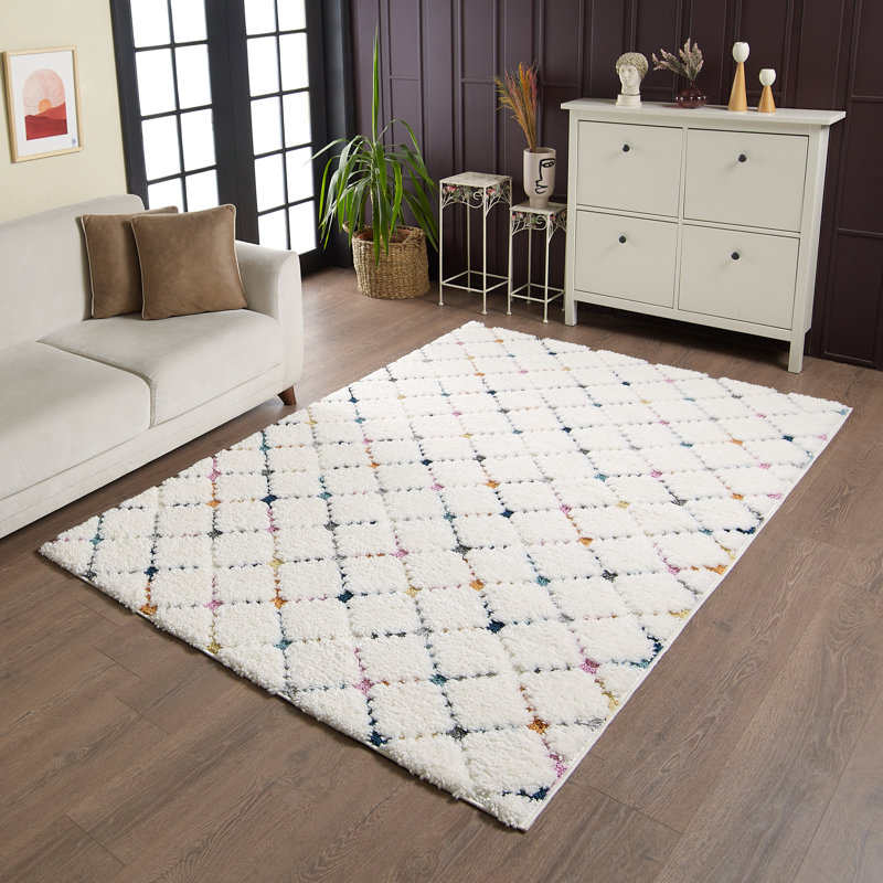 Tapis géométrique ivoire / bleu / vert Barden, Rectangle 2 pi 7 po x 4 pi 11 po