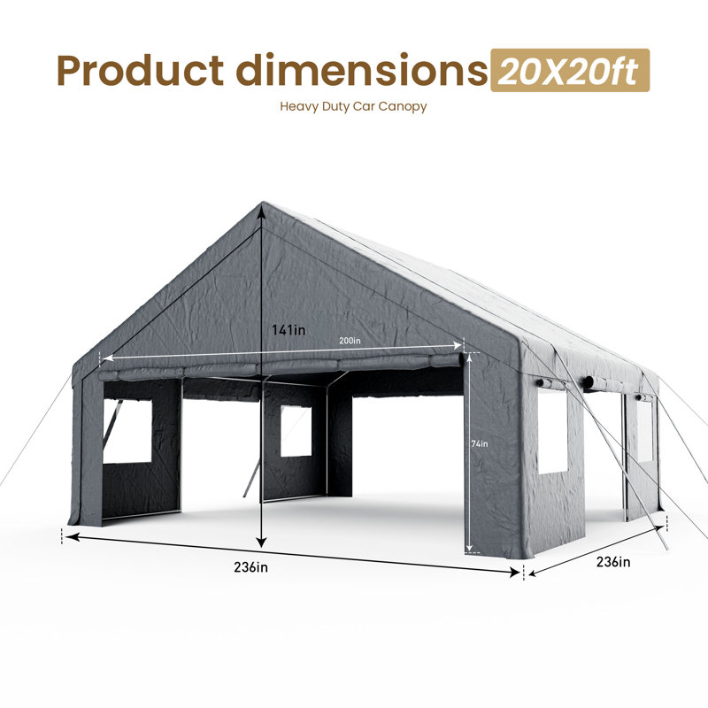 Heavy Duty Carport Portable Garage, Gray, 20 Ft. W x 20 Ft. D