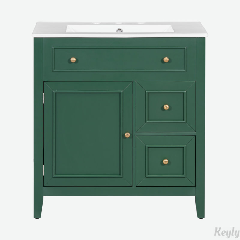 Meuble-lavabo à cadre en bois massif 30 po avec comptoir d'évier, Vert, Or