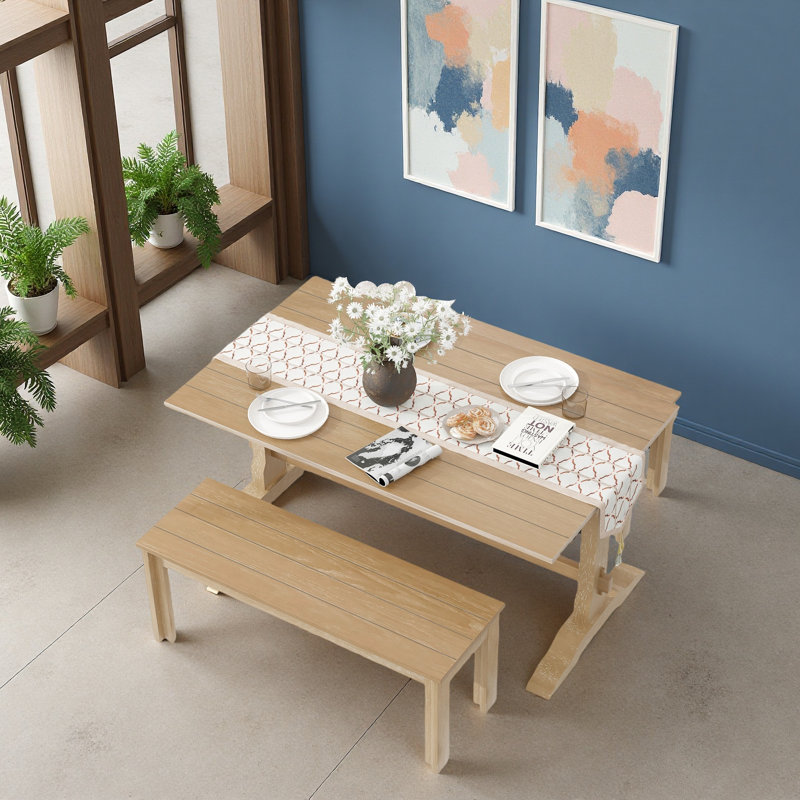 Ensemble de salle à manger 3 pièces, table à tréteaux rectangulaire et 2 bancs pour 4 personnes, Bois naturel