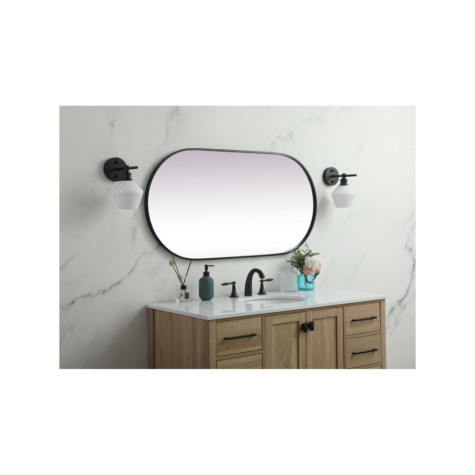 Elington Oval Metal Wall Mirror, Black, 48"  x 24" 