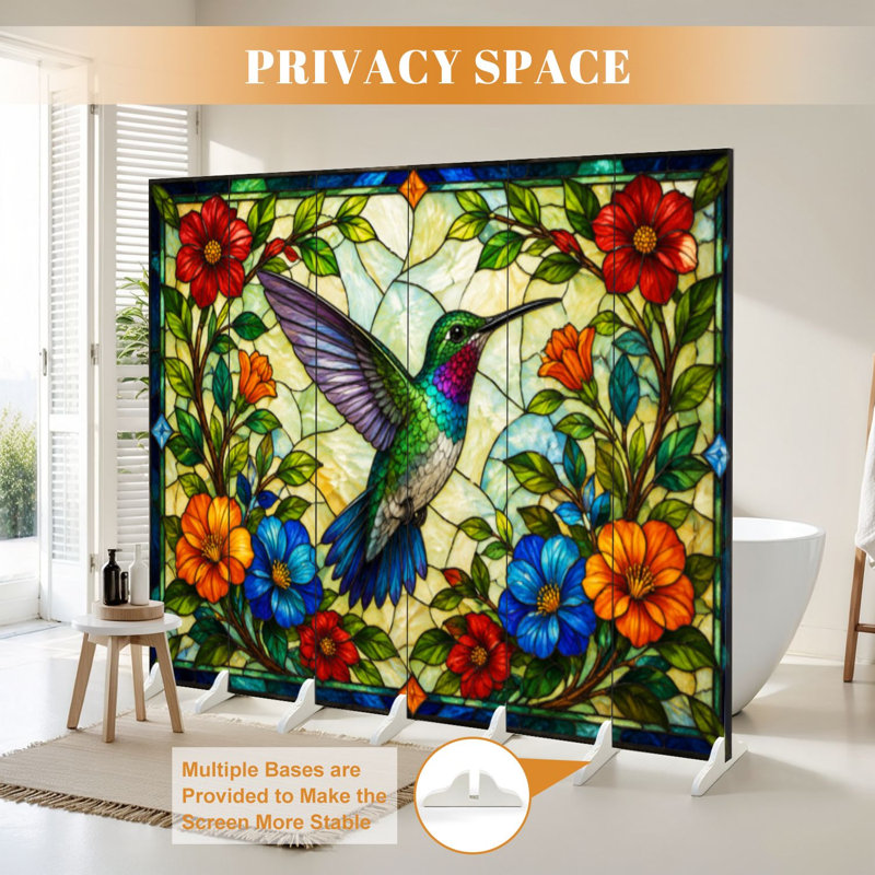 Cloison pliante à 4 panneaux séparateurs de colibris fleurs sur toile séparateur mural de protection autoportant, 4