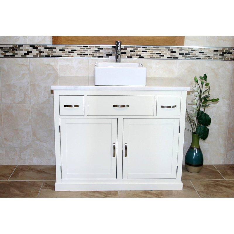 Roder 1000 mm Freestanding Single Vanity with Vessel Ceramic Basin, White Marble, White