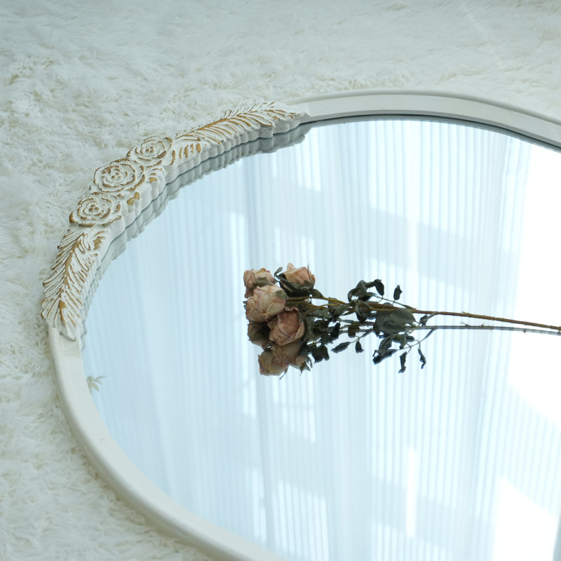 Arched Wall Mirror, French Country Style Decorative Mirror with Floral Carved Top, Vintage Romantic Accent Mirror for Bedroom, Living Room, Entryway