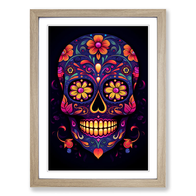 Sugar Skull Minimalism - Single Picture Frame Print on Wood, Oak, 46cm H x 34cm W x 2cm D
