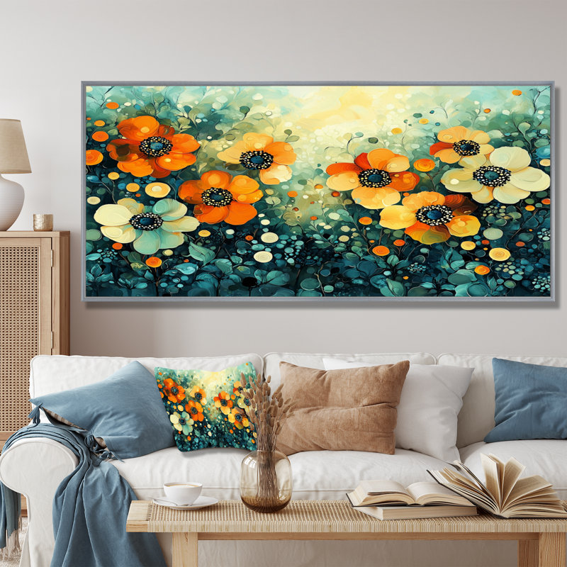 Indulis coucher de soleil champ de souci de couches émeraude IV - souci grand art mural, H 28 po x l 60 po, Floater Framed