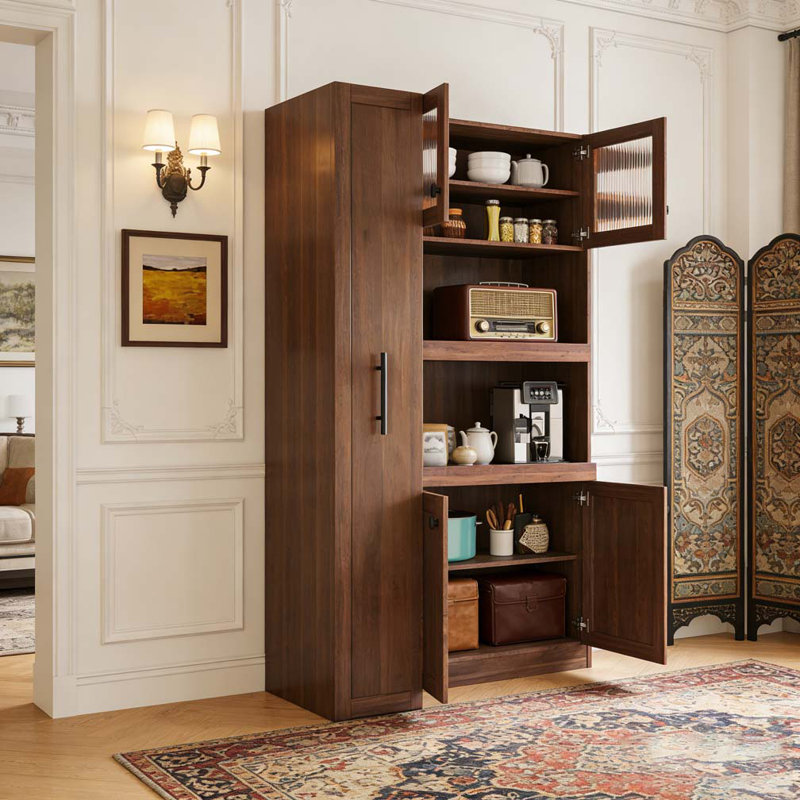 Kitchen pantry cabinet with multi-functional pull-out multi-tier storage shelf, Walnut