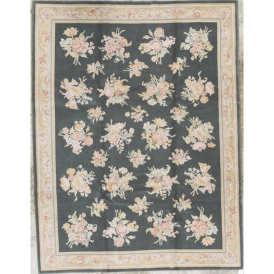 Tapis vert et gris noué à la main de haute qualité