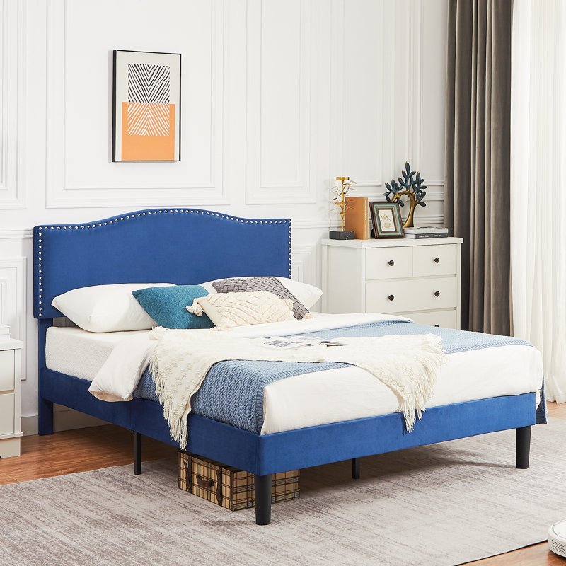 Structure de lit tapissier Auxter, Double, Bleu foncé