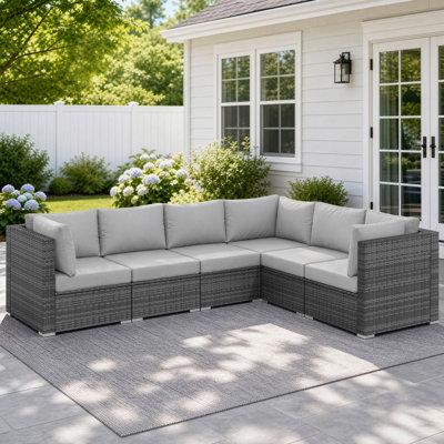 Ensemble de conversation 5 pièces pour canapé modulaire d'extérieur en rotin gris avec coussins